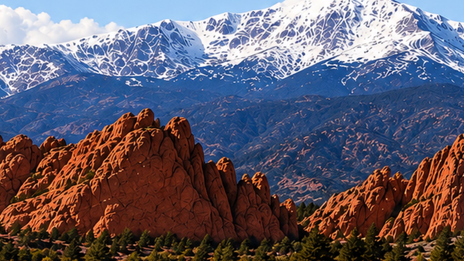 Snow-covered Pikes Peak above the red rock formations of Garden of the Gods